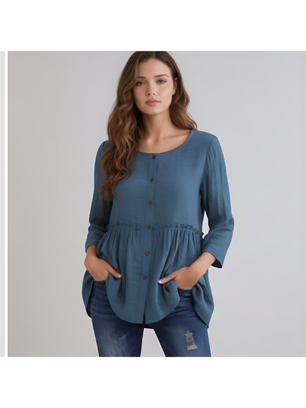 Blue Button Up Frill Peplum Blouse